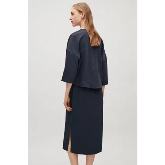 COS Layered Shift Dress Twill 3/4 Sleeve Midi Sheath, Navy Blue - Picture 3 of 12